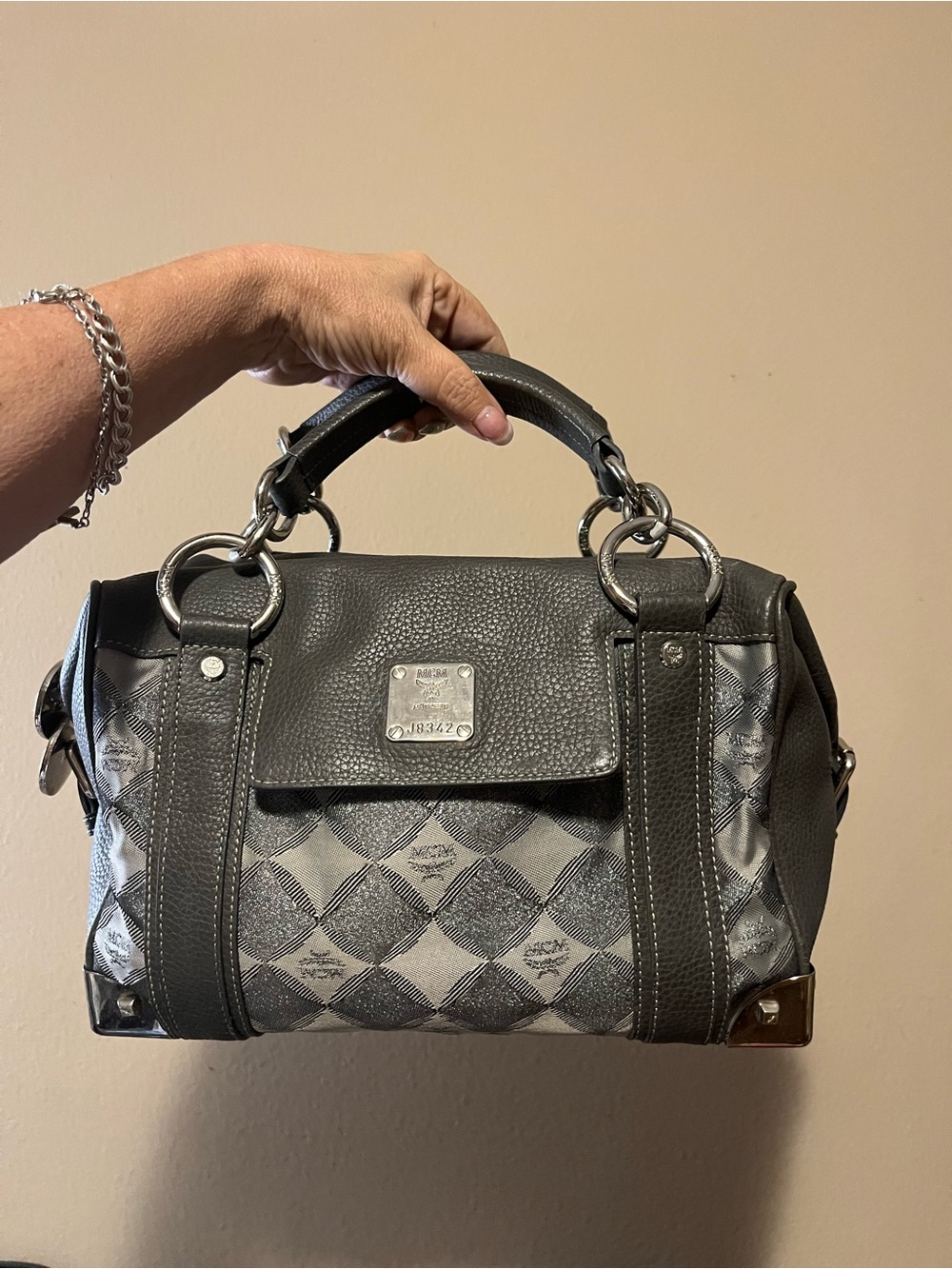 MCM Lioness Harlequin Diamond Jacquard Boston Satchel Gray Silver J8342